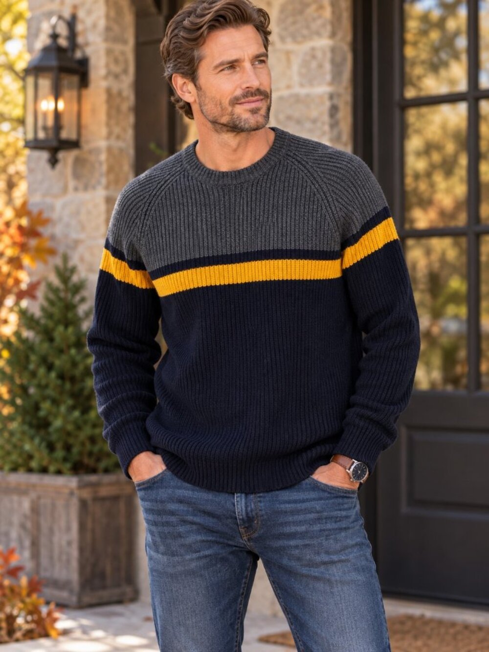 French Connection Navy Gray Yellow Wool Blend Stripe Sweater Mens XXL